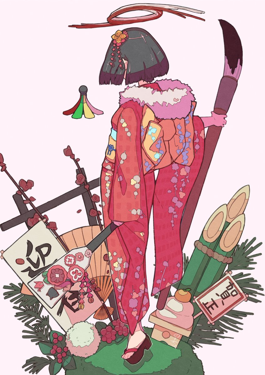 1girl japanese clothes solo kimono black hair obi short hair  illustration images
