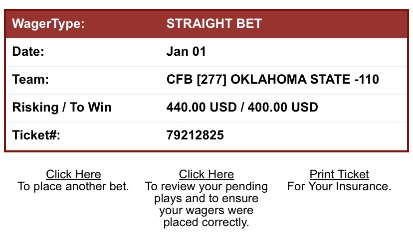 DobiBets's tweet photo. First bet of 2022 
Oklahoma St ML -110 $400
#OklaSt #NotreDame #CollegeFootballPicks #SharpBet https://t.co/Jt6jVzcDe2
