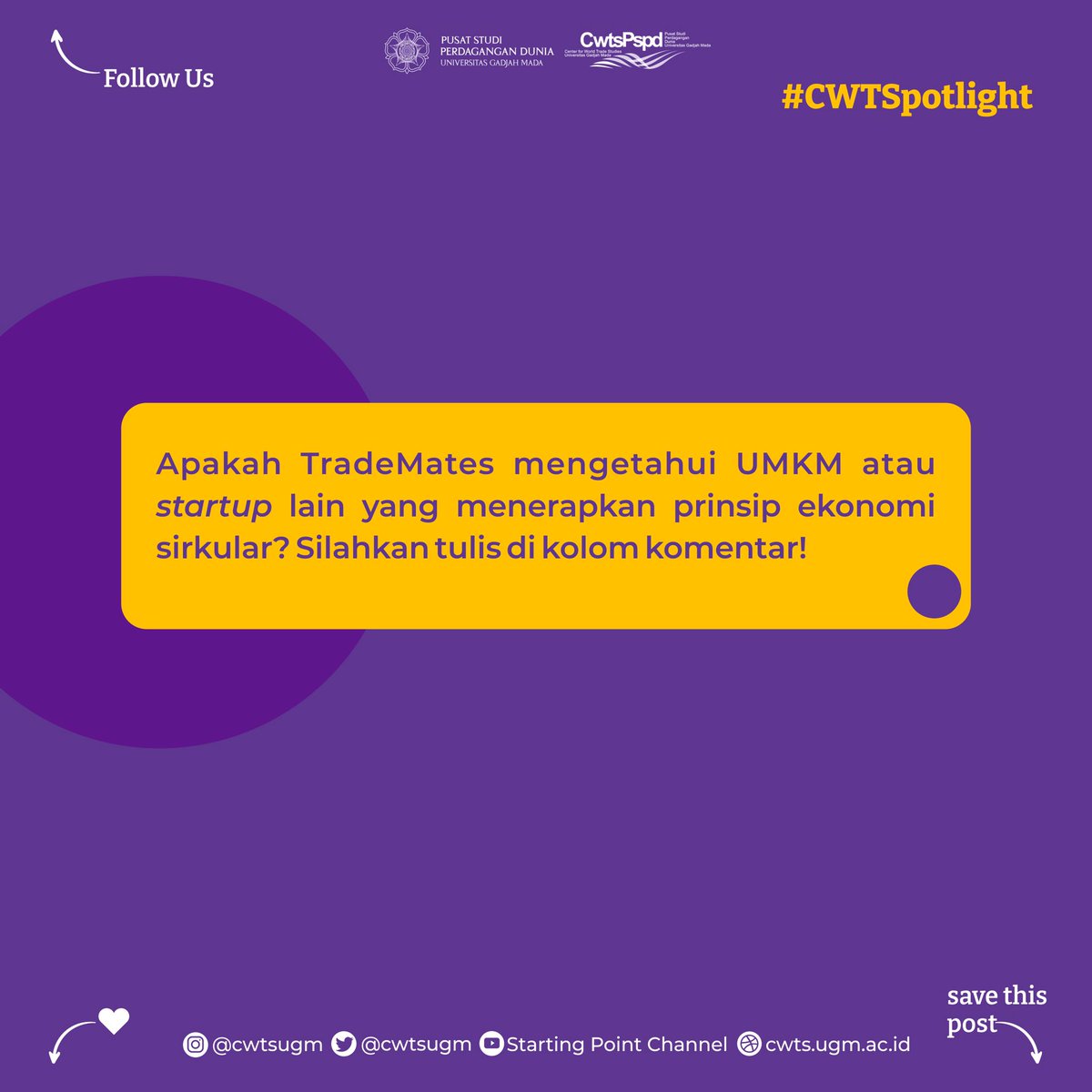 cwtsugm's tweet photo. #CWTSpotlight: Langkah Berarti Pelaku Usaha Yogyakarta dalam Menerapkan Ekonomi Sirkular 

Kata siapa Ekonomi Sirkular harus dimulai dengan langkah yang masif? Yuk, simak UMKM dan startup Yogyakarta yang berhasil mengembangkan praktik sirkularnya dari inisiatif kecil! https://t.co/PqLPNG3M2l