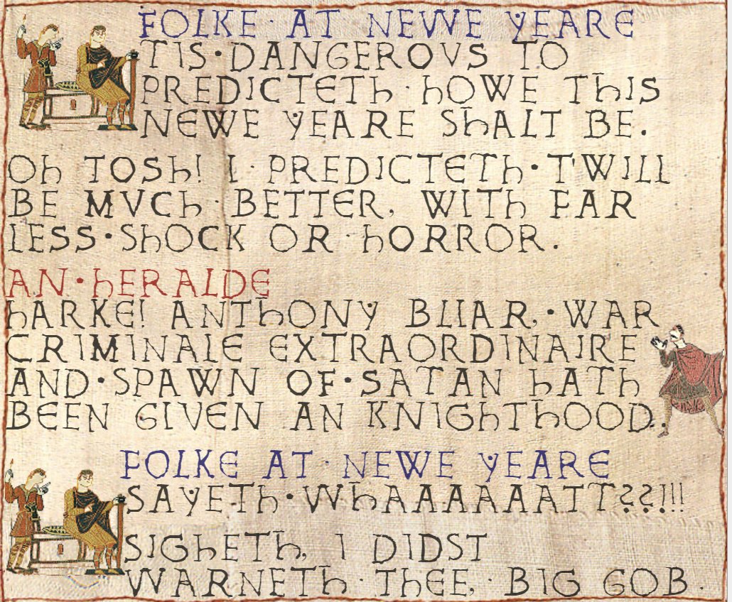 Swannie_Lad's tweet photo. A Bayeux on the news that Tony Blair (or 'Bliar') has been given a Knighthood in the Queen's New Year Honours list. #Bayeux #TonyBlair #Bliar #WarCriminal #Evil #SpawnofSatan #HappyNY #HappyNewYear #HAPPYNEWYEAR2022 #TheQueen #BorishJohnson #BorisOut #BorisMustGo #Iraq #WMDs https://t.co/MGGArD6iOY