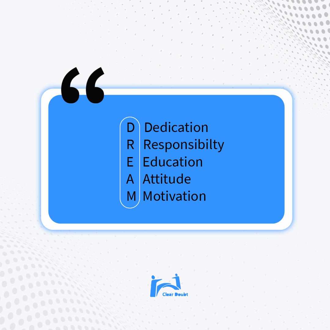DoubtClear's tweet photo. What constitutes DREAM?

#cleardoubt #cleared #motivation #success #education #dream #dedication #students #attitude https://t.co/p8wQxnAqWT