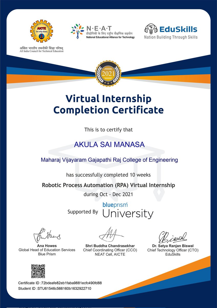 AkulaSaimanasa1's tweet photo. Successfully completed my first internship on RPA..Had a great time nd great learning experience....Thanks for the support @sobharani_t mam..
#AICTE #Eduskills  #Blueprism #MVGR https://t.co/ElOmnsGW4K