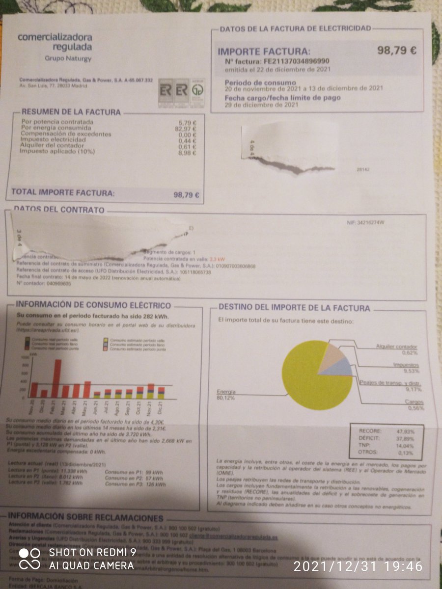 Miguel11327875's tweet photo. Ayer tweeter censuró este tweet, hoy lo intento de nuevo, factura luz diciembre viuda con 1000 euros escasos de pensión ..99 euros, @sanchezcastejon, hace 3 años eran 43..años pasado 52... menos mentir y más hacer...nos Tomás x tont@s y te funciona #hazquepase https://t.co/DZw8KaG65y
