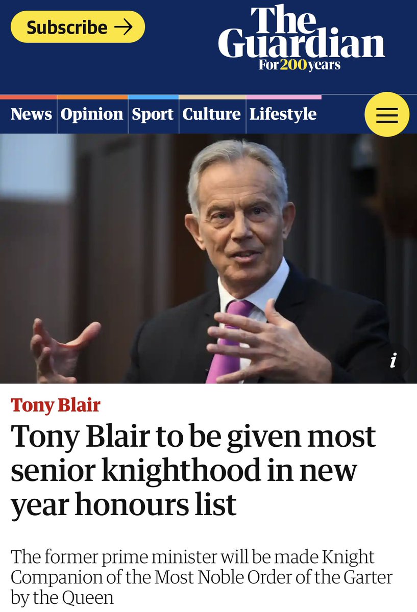 The Queen started off the new year by giving Tony Blair a knighthood; the war criminal Tony Blair who lied about WMDs in Iraq, and together with George Bush committed Britain to the destruction of Iraq, Afghanistan, and beyond. Millions killed and many more made refugees.