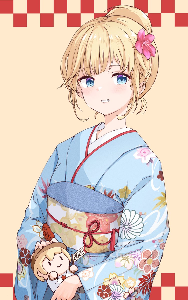 watson amelia 1girl japanese clothes kimono blonde hair blue eyes hair ornament hair flower  illustration images
