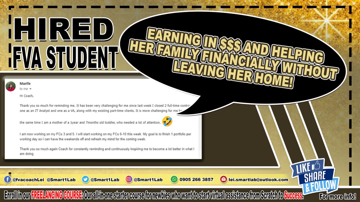 SmartLearninLab's tweet image. Freelancing offers opportunities for mothers like Marife who wish to have a career and earn without having to be away from home and leave their loved ones.

GET STARTED with your #workfromhome journey today with the #trusted and #proven only. 🙂

#Freelancing
#OnlineJobs
#Qatar