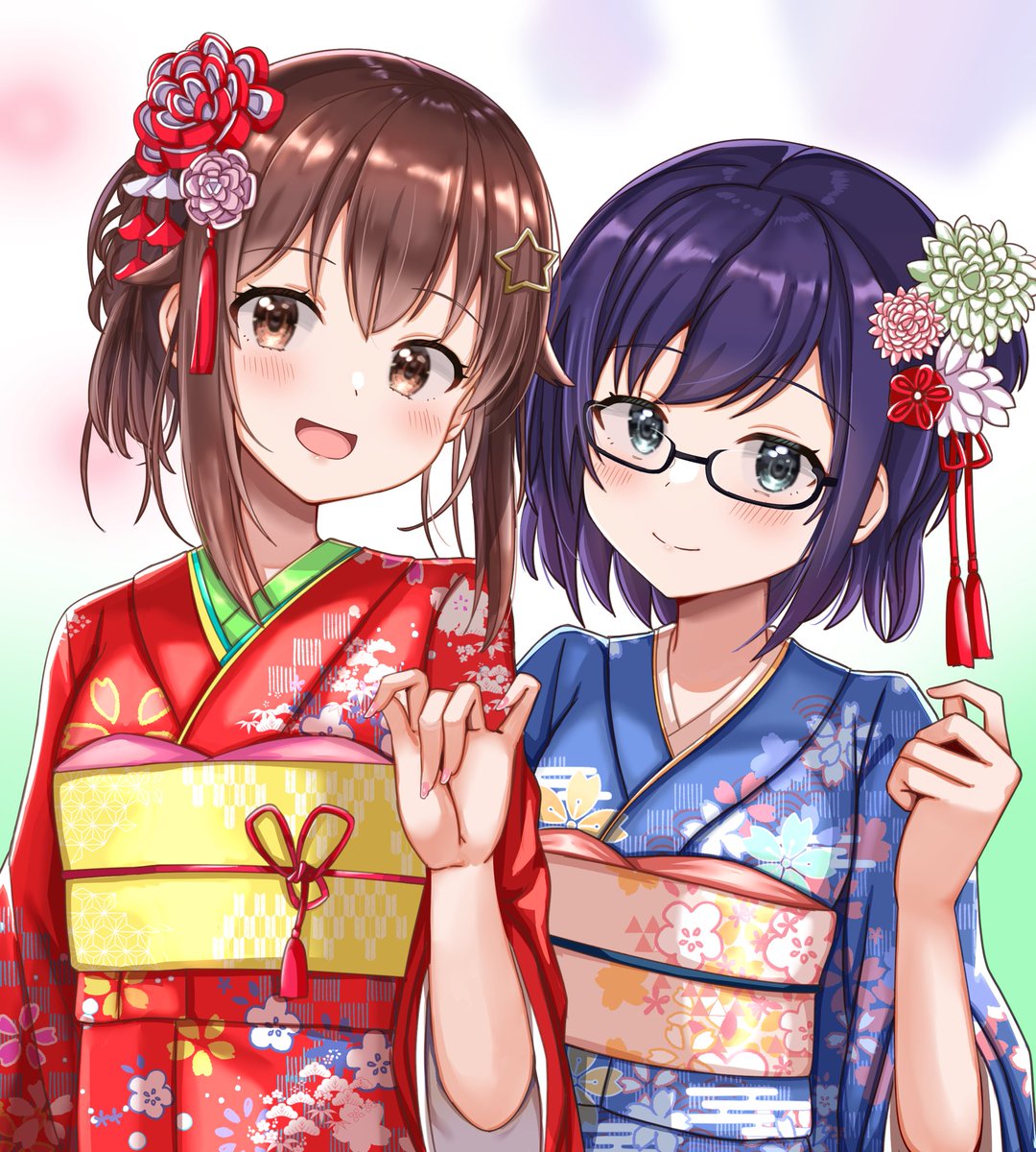tokino sora multiple girls 2girls japanese clothes kimono brown hair hair ornament glasses  illustration images