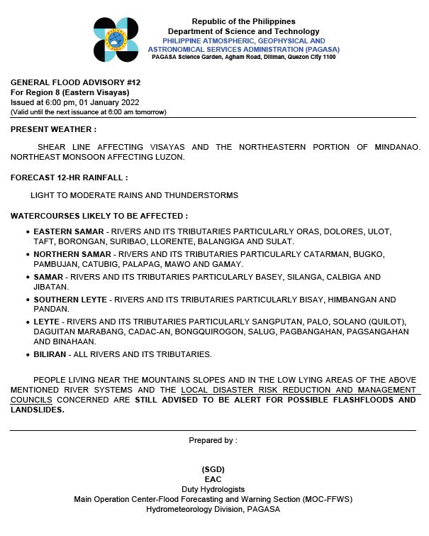 dost_pagasa's tweet photo. General Flood Advisories (GFAs)
Issued @ 6:00 PM, 01 January 2022
Region 6 (Western Visayas)  #GFA4
Region 7 (Central Visayas)    #GFA4
Region 8 (Eastern Visayas)   #GFA12
Region 13 (CARAGA)            #GFA12 https://t.co/nUN2bnE5JU