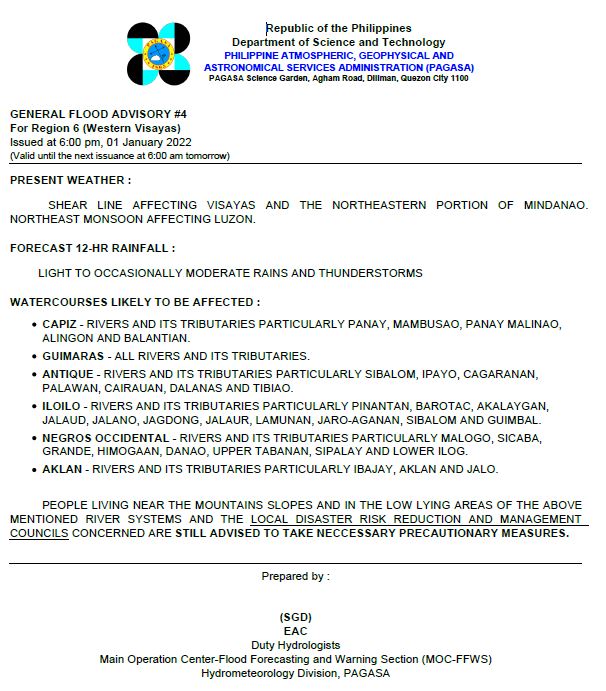dost_pagasa's tweet photo. General Flood Advisories (GFAs)
Issued @ 6:00 PM, 01 January 2022
Region 6 (Western Visayas)  #GFA4
Region 7 (Central Visayas)    #GFA4
Region 8 (Eastern Visayas)   #GFA12
Region 13 (CARAGA)            #GFA12 https://t.co/nUN2bnE5JU