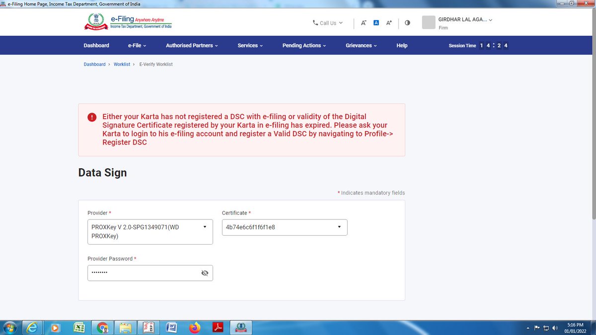 syamsinghal's tweet photo. @IncomeTaxIndia From Last few days I am trying to accept audit report of my client but error showing as per screen shot. Although Partner has duly authorized to sign and his DSC is also registered.  plz help. https://t.co/7opIx2CqaX