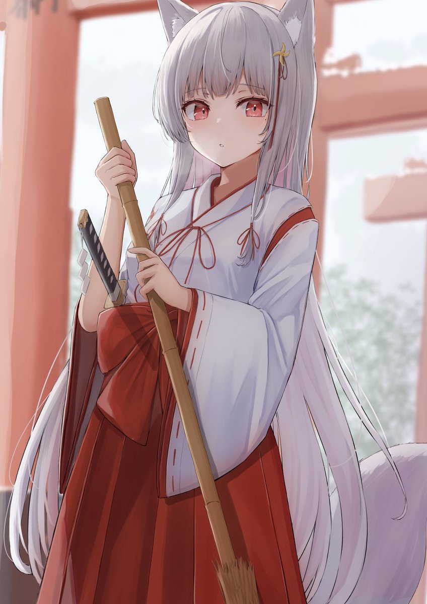 1girl japanese clothes animal ears tail solo long hair broom  illustration images