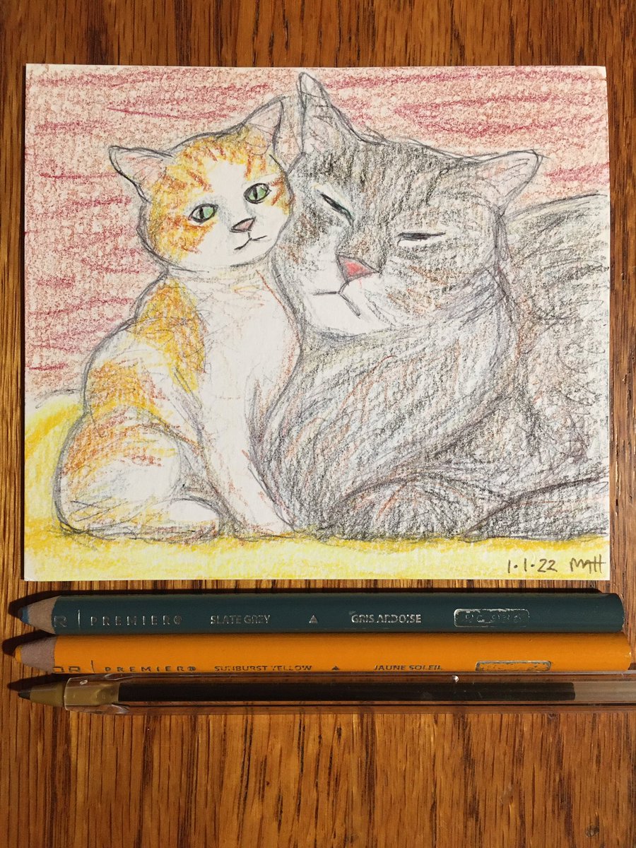 mattctnt's tweet photo. Happy New Year! Here is a senior Father Time cat welcoming a New Year’s kitten kinda like that old Saturday Evening Post cover. I’ve included last year’s version too 🙂🐱 #HappyNewYear #PenAndInk #SeniorCat #Kitten #CatArt #ColoredPencil #Illustration #CatDrawing #CatSketch https://t.co/SUsrWL27H8