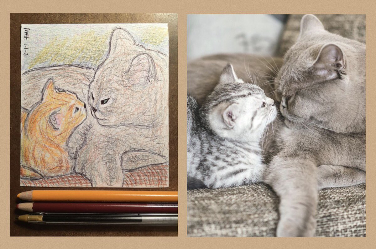 mattctnt's tweet photo. Happy New Year! Here is a senior Father Time cat welcoming a New Year’s kitten kinda like that old Saturday Evening Post cover. I’ve included last year’s version too 🙂🐱 #HappyNewYear #PenAndInk #SeniorCat #Kitten #CatArt #ColoredPencil #Illustration #CatDrawing #CatSketch https://t.co/SUsrWL27H8