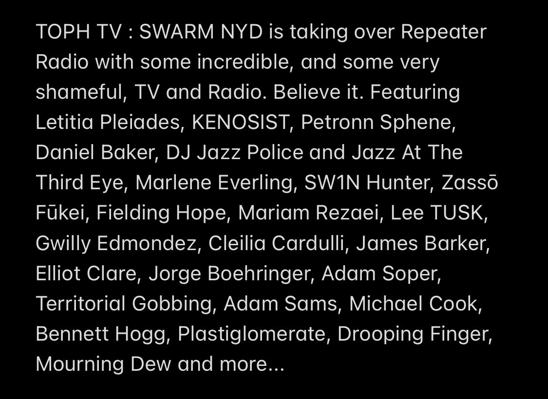 2toph's tweet photo. 📡 Tune in 12pm @Repeater_Radio https://t.co/hxz4CsIjhy for music 📻 from @Stewfsmith #ThirdEyeTV #CleiliaCardulli @fieldinghope #LetitiaPleiades @tusk_music with @handloomlament #DanielBaker’s #FistiveFifty starting at 5pm! 🍸 https://t.co/aJFvWzmvMR