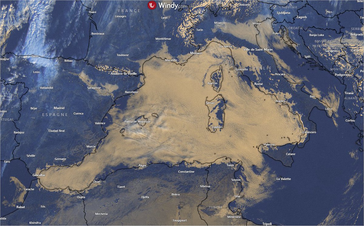 Toute la #Méditerranée occidentale est prise dans les nuages bas/brouillards ce matin. Ils débordent jusqu'aux régions littorales de part et d'autre du bassin. Image satellite Windy. 