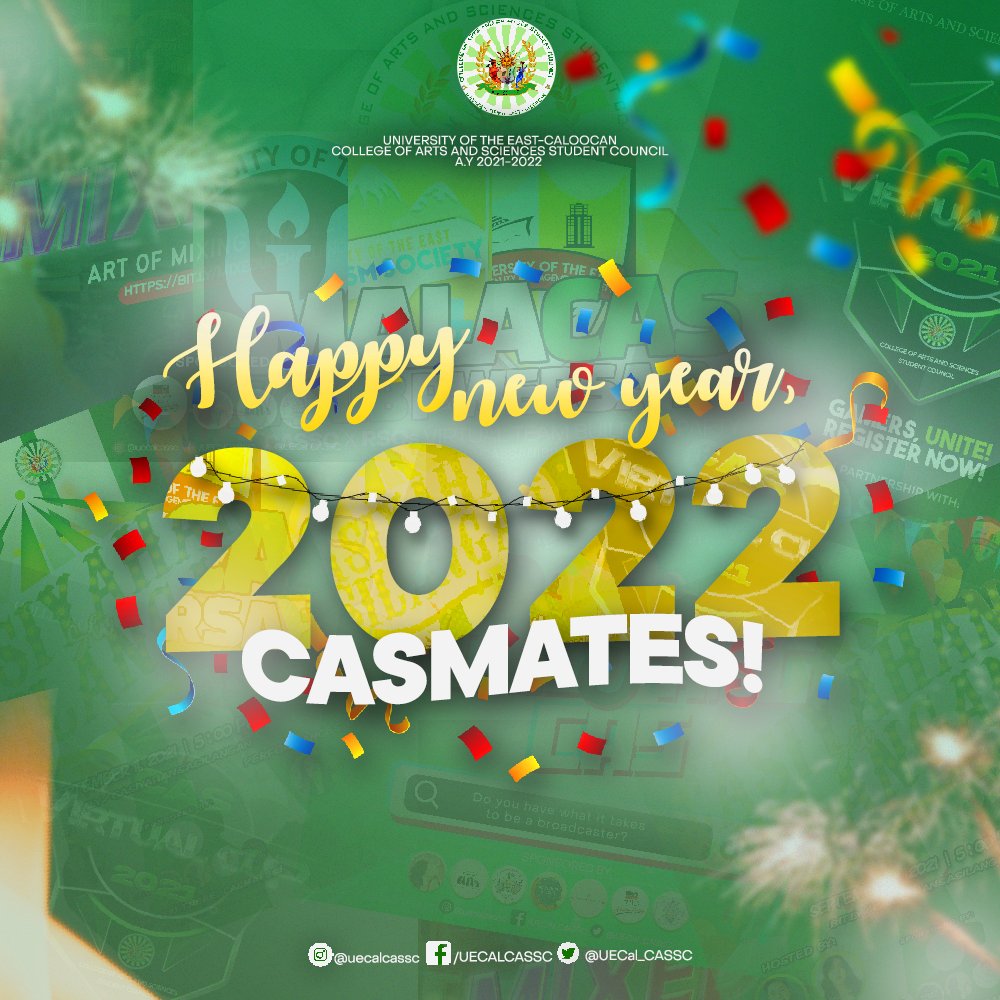 UECal_CASSC's tweet photo. HELLO, 2022 🤩🎉

As we bid goodbye to 2021, let us never forget the lesson and growth it offered us. Our journey to a more connected, aware, and solidified community continues in 2022 

Happy new year, CASmates! 

#HappyNewYear
#ConnectedAwareSolidified 
#CASSC2122 https://t.co/LFJljD8B9R
