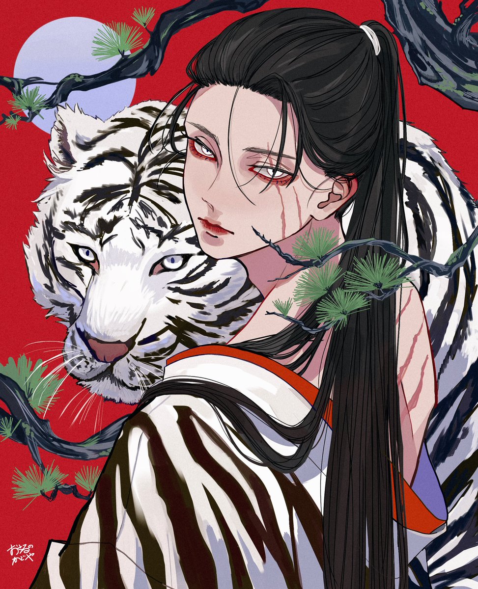 tiger 1boy male focus black hair long hair ponytail looking at viewer  illustration images