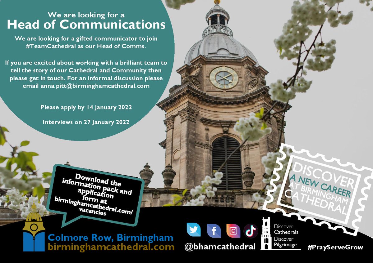 bhamcathedral's tweet photo. We are looking for a new Head of Communications to join our team at Birmingham Cathedral. To find out more, head to our website at https://t.co/PYpTAQdWex
Applications accepted until 14th January 2022.
#CathedralJobs #BirminghamJobs #HeadOfComms #Vacancies https://t.co/wXFfOAQoqE
