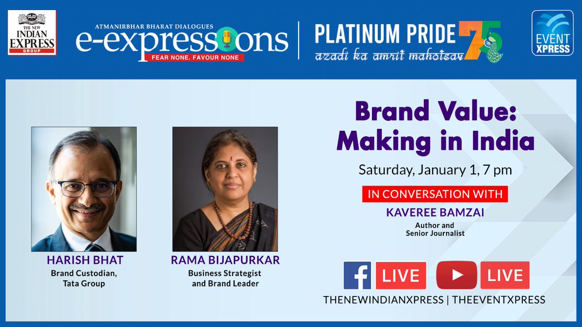 Eventxpress's tweet photo. #ExpressExpressions | Catch Harish Bhat, Brand Custodian of @TataCompanies and Business Strategist and Brand Leader @rama_bijapurkar in conversation with @kavereeb today at 7 pm. @gsvasu_TNIE https://t.co/xYyuXfxPjD