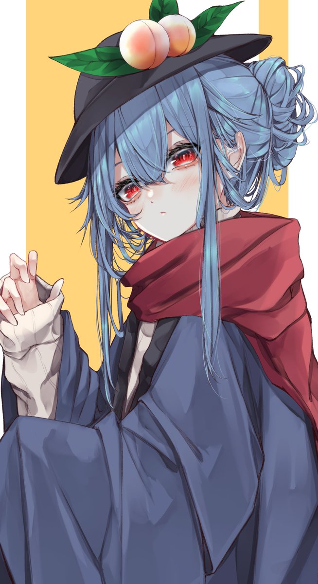 hinanawi tenshi 1girl solo red eyes blue hair scarf red scarf hat  illustration images