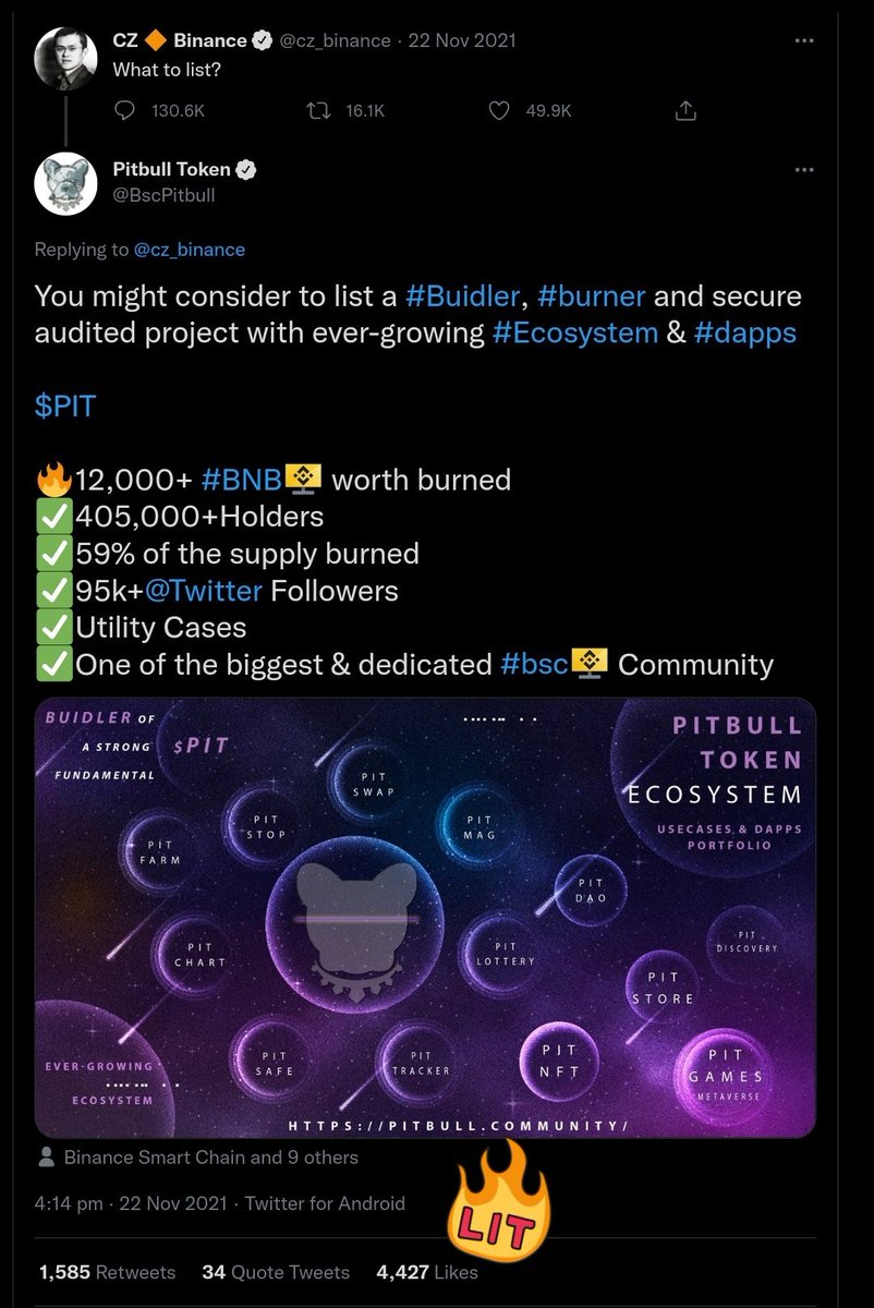 <a href="/cz_binance/">CZ 🔶 BNB</a> Asked the same question last year &amp; it's already been answered!

The tweet below speaks itself with a big demand. Take a look again 🙌 $PIT

👇
x.com/BscPitbull/sta…

447K holders now with verified Twitter account 115K+ followers &amp; more usecases🔥

<a href="/binance/">Binance</a> <a href="/BinanceChain/">Binance Chain</a> #bnb