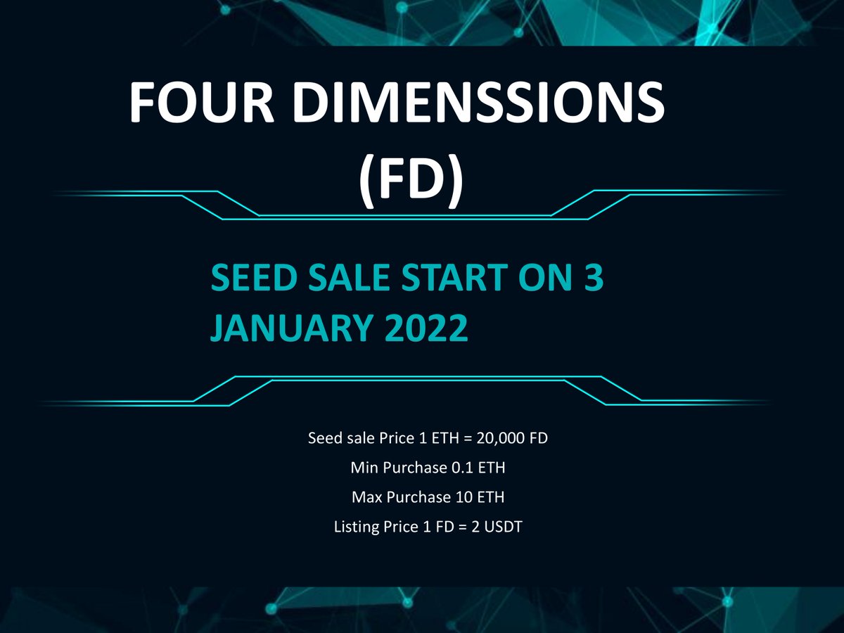 fourdimensions6's tweet photo. 🔥FOUR DIMENSIONS (FD) SEED SALE IS COMING                                                                                 
 ✅Seed Sale price = 1 ETH = 20,000 FD                               
Listing Price 1 FD = 2 USDT🚀🚀🌛🌛 https://t.co/eSEGA5nntU
