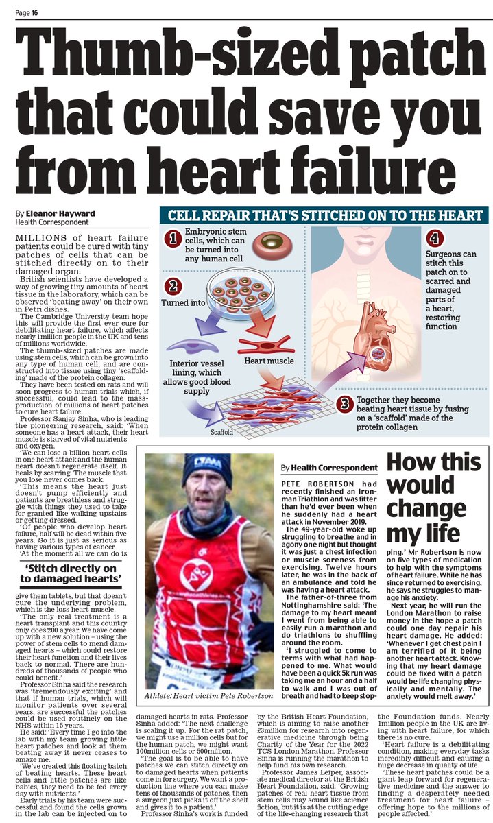 eleanorhayward's tweet photo. EXC: Cambridge scientists are growing patches of heart tissue which 'beat away on their own' in the lab and can be stitched directly onto damaged hearts - offering hope to millions with heart failure.
Loved speaking to @SanjaySinhaUK @TheBHF about how to mend broken hearts ❤️ https://t.co/MLmByAOI11