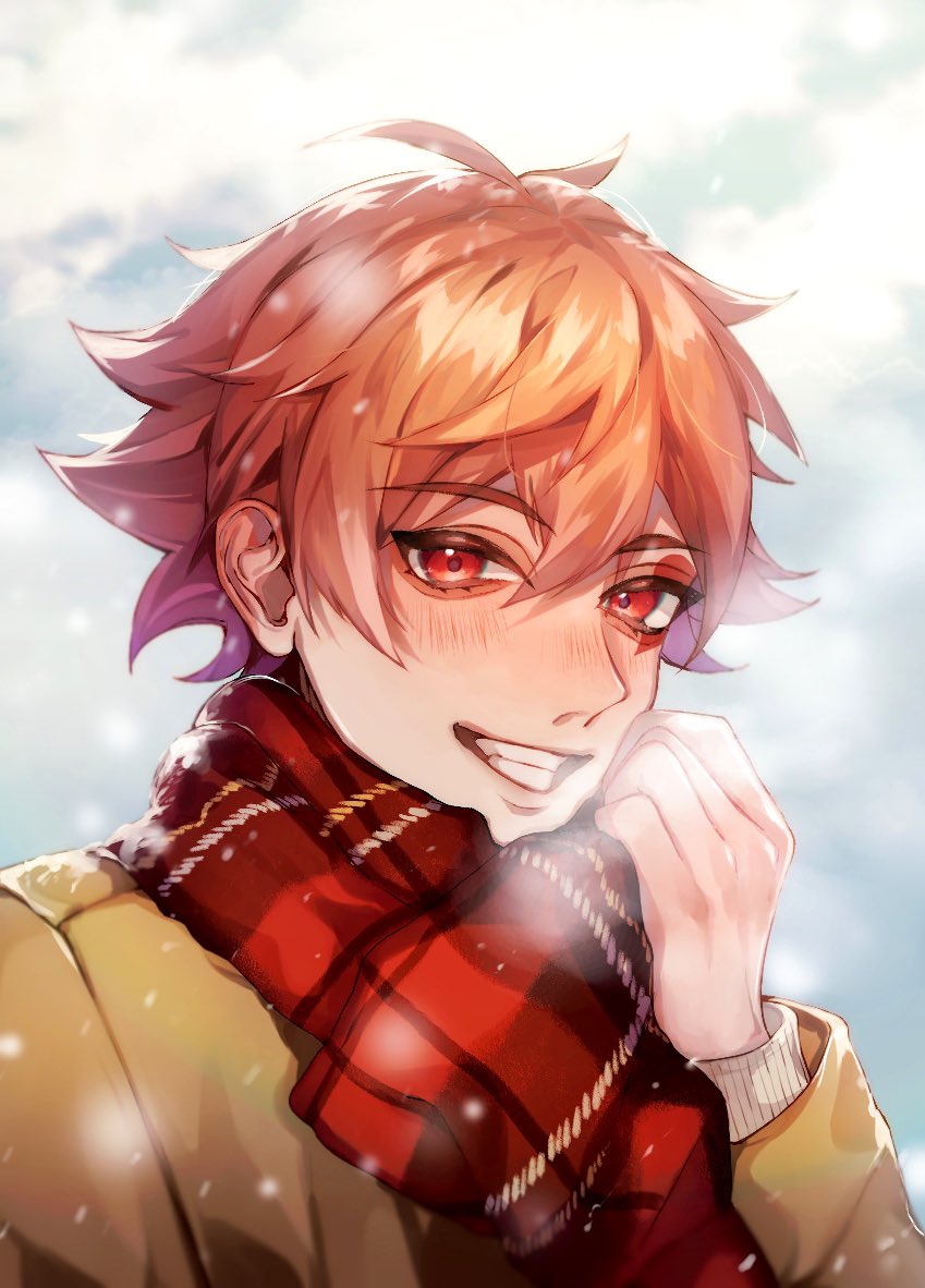 1boy male focus scarf solo red eyes smile blush  illustration images