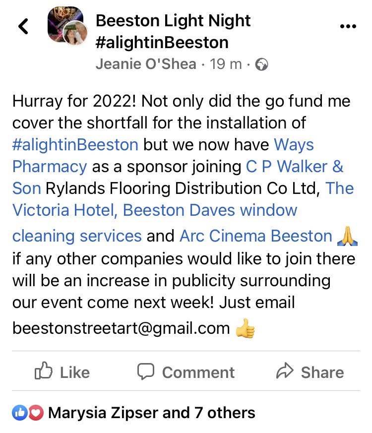 BeestonCivicSoc's tweet photo. Happy new year all! Why not be part of something big at the end of this month? We’re still raising funds to make Beeston Light Night #alightinBeeston as big and spectacular as possible on 29th January ! 🙏💡🎨👌 #beeston #business #sponsors #charity #civic #community #art #light https://t.co/9ZlIdwSMk4