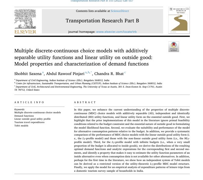Shobhit1303's tweet image. Glad to share this recent article of ours in @Transport_ELS TR Part B, where we characterise optimal demand function resulting from MDC choice models.
Ending the year on a high, and on to the next one!
#choicemodelling #travelbehavior #research #Transport