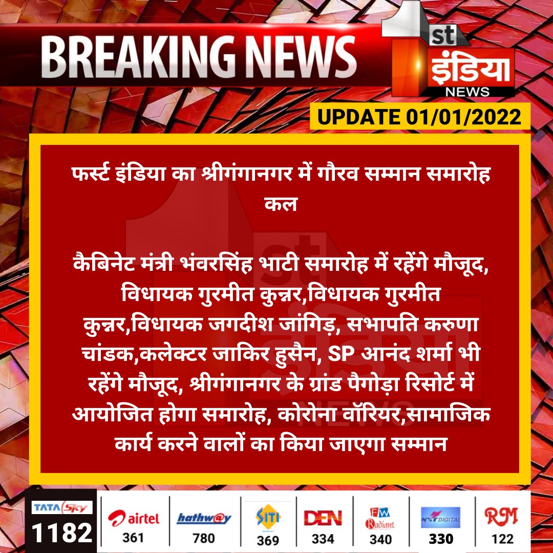 1stIndiaNews's tweet photo. फर्स्ट इंडिया का श्रीगंगानगर में गौरव सम्मान समारोह कल

कैबिनेट मंत्री भंवरसिंह भाटी समारोह में रहेंगे मौजूद, विधायक गुरमीत कुन्नर,विधायक गुरमीत कुन्नर,विधायक जगदीश जांगिड़, सभापति करुणा चांडक...

#Sriganganagar #GauravSamman https://t.co/bVNjdv8oqC