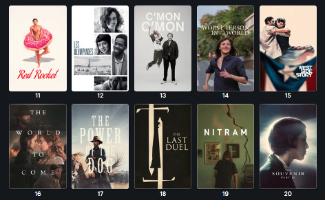 ZakChouay's tweet photo. 11. RED ROCKET / 12. PARIS, 13TH DISTRICT / 13. C'MON C'MON / 14. THE WORST PERSON IN THE WORLD / 15. WEST SIDE STORY / 16. THE WORLD TO COME / 17. THE POWER OF THE DOG / 18. THE LAST DUEL / 19. NITRAM / 20. THE SOUVENIR: PART II https://t.co/Fy0ZlSOnvi