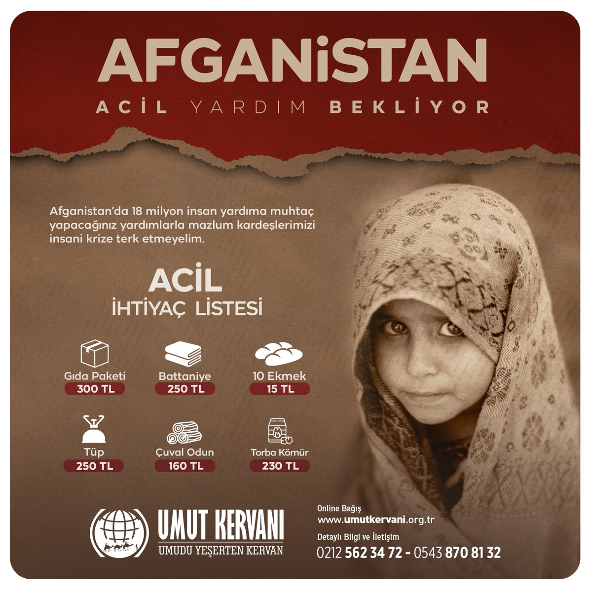 umutkervanivkf's tweet photo. Afganistan Acil Yardım Bekliyor

Afganistan’da 18 milyon insan yardıma muhtaç yapacağınız yardımlarla mazlum kardeşlerimizi insani krize terk etmeyelim.

#AfganistanaUmutOl https://t.co/5EUjkmudnz