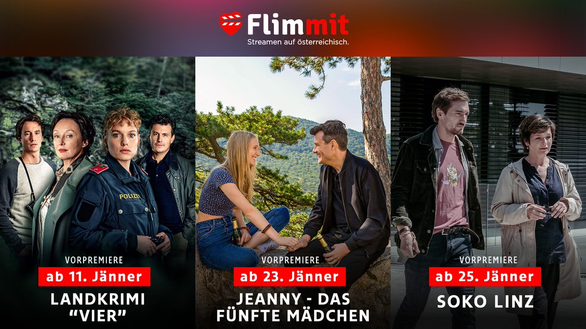 Flimmit's tweet photo. Besser kann das neue Jahr kaum starten - Freut euch auf einen Jänner voller Vorpremieren 🤩
Los geht's mit den Vorstadtweibern ab 3.1., danach folgen der neueste Landkrimi, der Eventthriller "Jeanny" sowie die neue Krimiserie "Soko Linz"! ✨
#Flimmit #streamenaufösterreichisch https://t.co/xCb7clt4FR