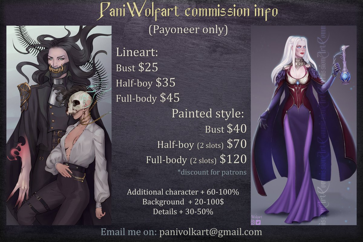 ArtofPaniWolf's tweet photo. Slots for January reopened! (schedule in trello)
I draw original characters, D&amp;D, WarCraft, FFXIV, VtM, Warhammer. Also now I have Fiverr! 

🕸️https://t.co/PDhKAmDgdH
🕸️https://t.co/Bk2sEfBuWv
🕸️https://t.co/KNb6WAJXL0
Dm me or contact on: panivolkart@gmail.com https://t.co/5OHYd0BHaV