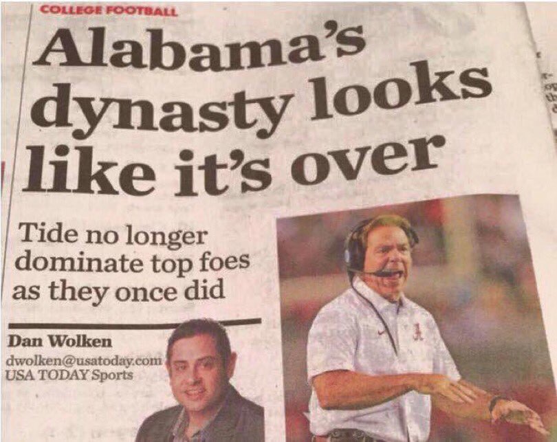 Here’s your 2022 reminder of <a href="/DanWolken/">Dan Wolken</a> calling his shot in 2015 after Ole Miss beat #RollTide . 

Since, <a href="/AlabamaFTBL/">Alabama Football</a> is 88-6 with five @sec championships, 63 weeks at <a href="/AP_Top25/">AP Top 25</a> #1 spot, 3 National Championships, 2 runners up &amp; will play for its fourth in 10 days. #CFBPlayoff