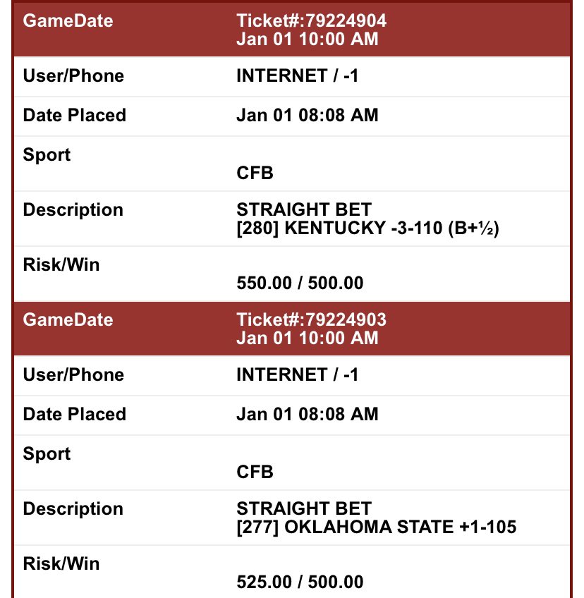 LetsMBGA's tweet image. Happy New Year everyone. I’ll cut all the cheesy messages and go straight to the point.

$1500 Oklahoma St +1

$1500 Kentucky -3

Let’s start the new year the right way 😎 Bet slips included 😎

Like/Retweet if tailing/fading

#FREEPLAY #GamblingTwitter #BowlSeason #NCAAF