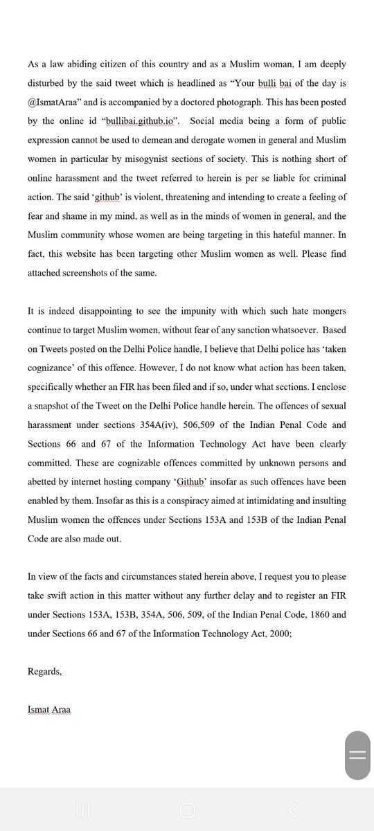 Ismat Ara (@ismataraa) on Twitter photo UPDATE: A complaint has been filed by me with the Cyber Cell of Delhi Police for immediate registration of FIR and consequent action against people behind the auctioning of Muslim women on social media.
#sullideals #BulliDeals <a href="/DelhiPolice/">Delhi Police</a> UPDATE: A complaint has been filed by me with the Cyber Cell of Delhi Police for immediate registration of FIR and consequent action against people behind the auctioning of Muslim women on social media.
#sullideals #BulliDeals <a href="/DelhiPolice/">Delhi Police</a>