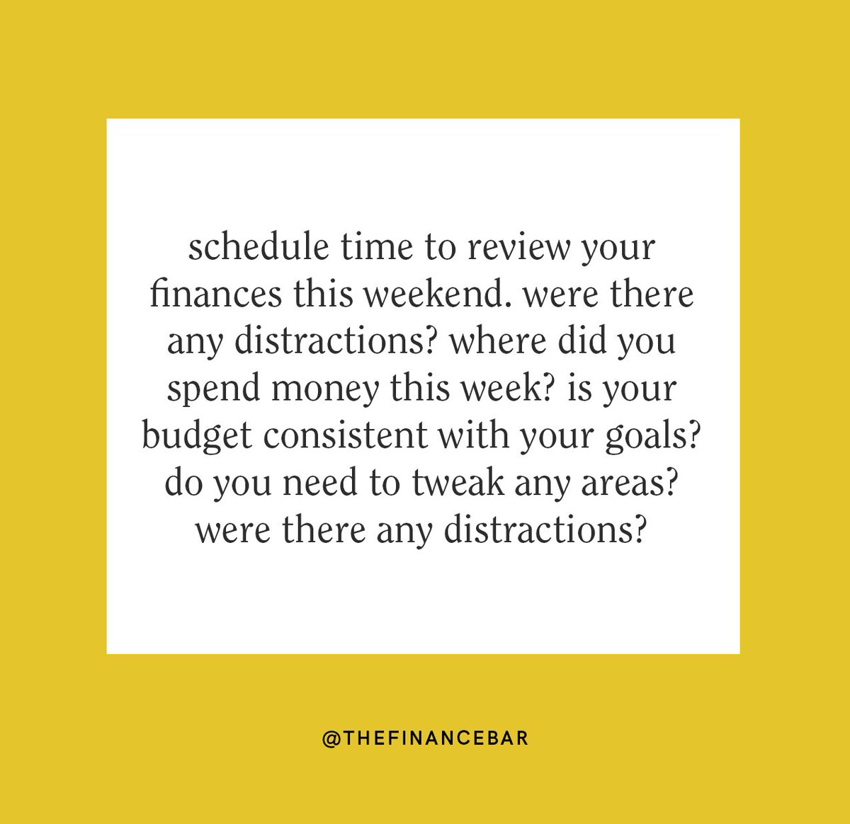 thefinancebar's tweet photo. 👋🏾Your gentle reminder. 
💰Review your accounts 
👩🏽‍💻Balance your budget 
😱Check for unauthorized transactions 
🎉Check the process towards your monthly or annual goals
🧘🏾‍♀️Meditate by using a money mantra
💛Have a peaceful weekend!
#thefinancebar #financialwellness #personalfinance https://t.co/WgBOGznQD6