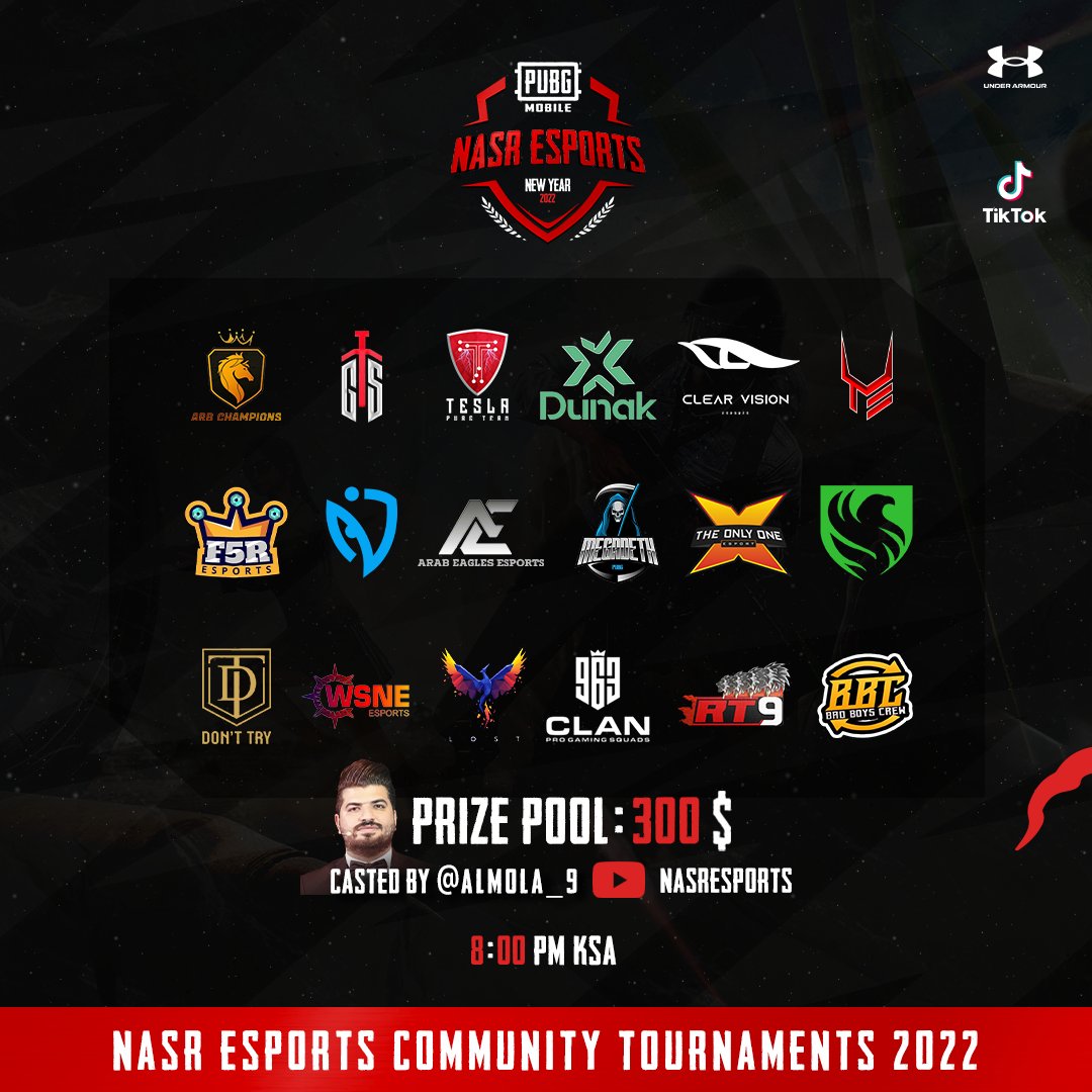 NasrEsports's tweet photo. إليكم الفرق المشاركة ⚡ في الايفنت المقدم من نصر إيسبورتس على مجموع جوائز بقيمة 𝟯𝟬𝟬 دولار. 💰
ترقبونا الليلة على الساعة 𝟴:𝟬𝟬 بتوقيت السعودية على قناة 𝗡𝗔𝗦𝗥 𝗘𝗦𝗣𝗢𝗥𝗧𝗦 على اليوتيوب!
شاركونا أرائكم مع هشتاغ فريقك المفضل 😉
#nasresports #pubgmobile #pubgevent https://t.co/kv6m44ogQz