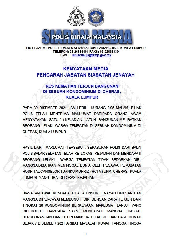PDRMsia's tweet photo. KENYATAAN MEDIA PENGARAH JABATAN SIASATAN JENAYAH

Kes Kematian Terjun Bangunan Di Sebuah Kondominium Di Cheras, Kuala Lumpur. https://t.co/96THyQ409O