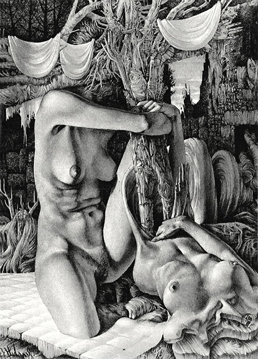 The first new artist for a new year is Gérard Gachet – skulls, bones, rocks, shells and reptiles haunt many of his drawings alongside women’s breasts, buttocks and vulvas, the source of life and a subject he found eternally fascinating. See his work now at honesterotica.com/illustrator/ge…