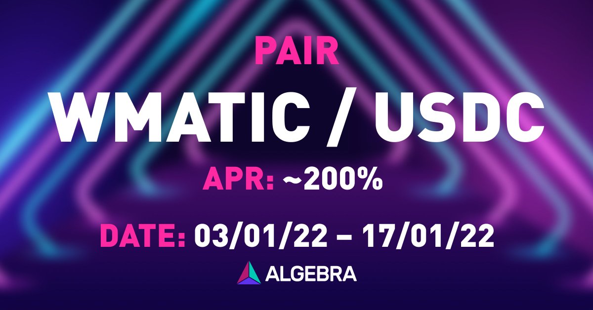 CryptoAlgebra's tweet photo. Happy holidays, Algebraists🥳 
We wish you some great achievements in 2022 and hope to pleasantly surprise you with the results of our work 🎇 
Don't forget about the next farming event! 
Pair: $wMATIC / $USDC 
APR: ~200% 
Date: 03/01/22 – 17/01/22 
https://t.co/bAJgCs0KgI https://t.co/aqCVwjWqSo