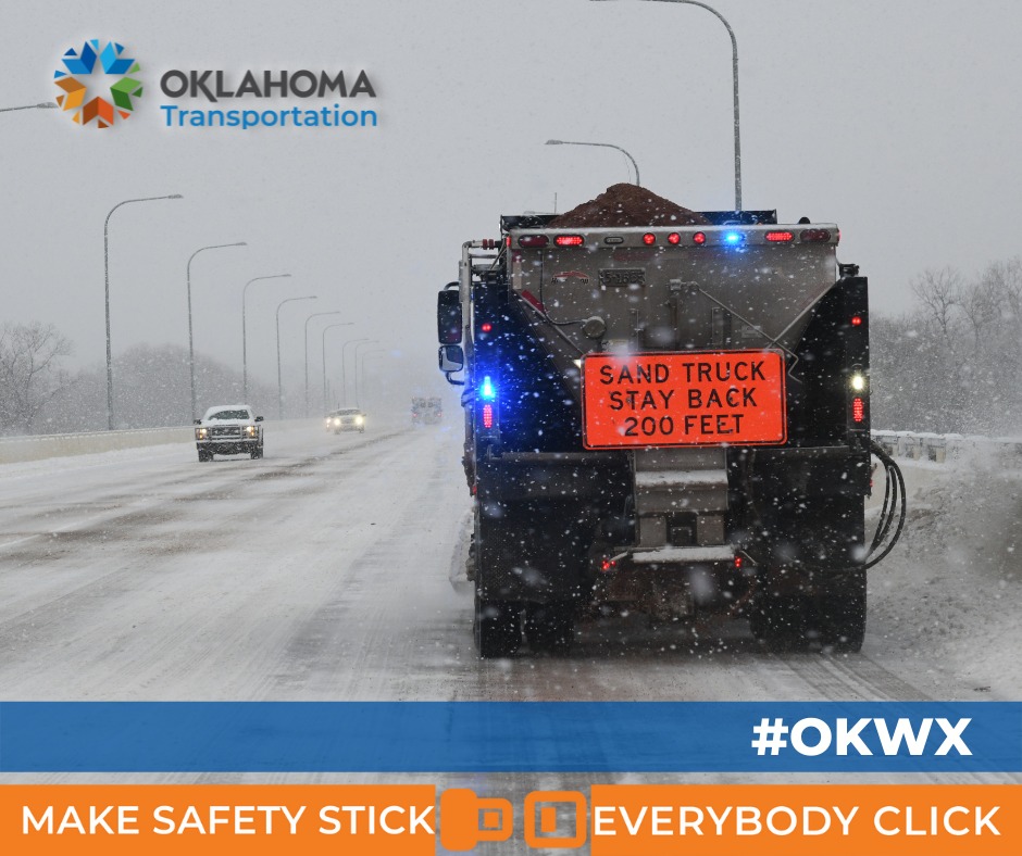 OKDOT's tweet photo. SEVERE WEATHER: Crews are plowing and treating highways across Northwest Oklahoma and the Panhandle this morning due to sleet and slick conditions. Use caution if you must be out today. Drivers should stay at least 200 ft. behind plowing equipment; do not pass. #safetyclick #okwx https://t.co/LNJDvvhD0P
