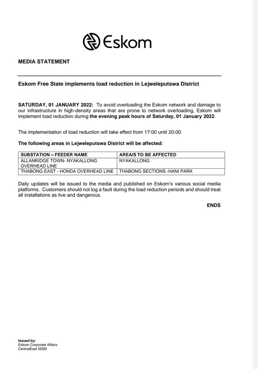 Eskom_SA's tweet photo. Eskom Load Reduction Notice

Date:1 January 2021

 #EskomFreeState  #EskomKZN #EskomGauteng

Please see below the provincial statements for details and areas that will be affected today during the hours of 17:00 until 22:00 (times may differ per province) https://t.co/lwLYP5IwYw