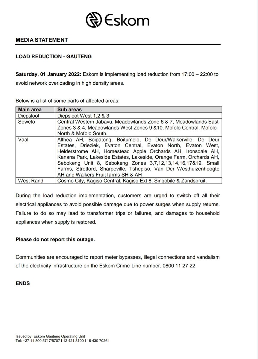 Eskom_SA's tweet photo. Eskom Load Reduction Notice

Date:1 January 2021

 #EskomFreeState  #EskomKZN #EskomGauteng

Please see below the provincial statements for details and areas that will be affected today during the hours of 17:00 until 22:00 (times may differ per province) https://t.co/lwLYP5IwYw