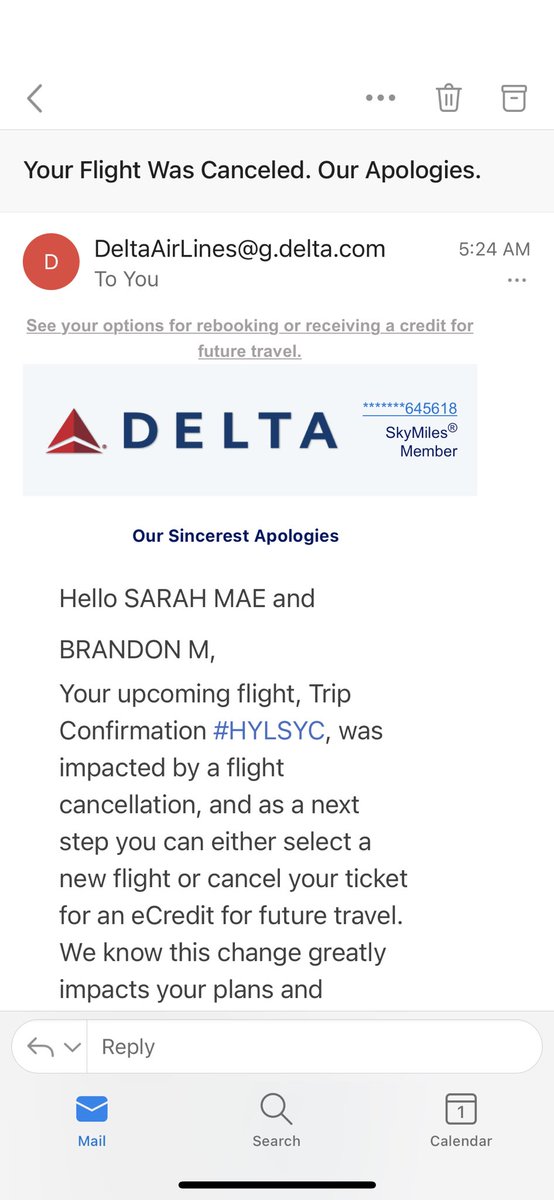 sarahmaeseitz's tweet photo. Hey @Delta, thanks for ruining our honeymoon. COVID cancellations are unavoidable, I’m sure, but rebooking us for a flight that is 2 hours earlier and then not allowing us to board because we arrive 3 minutes past being able to check our bag is really unacceptable. https://t.co/6RhlplV8iQ