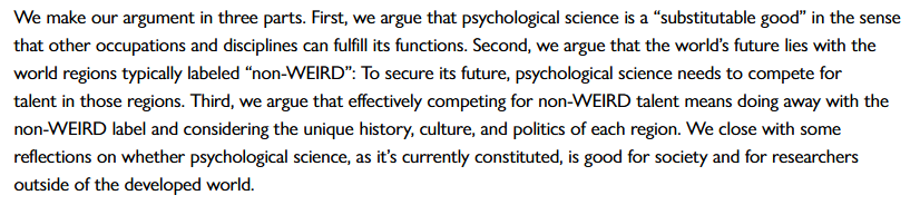 Patrick S. Forscher | @psforscher.bsky.social (@psforscher) on Twitter photo New in <a href="/PsychScience/">Association for Psychological Science</a> Observer:
"Does Psychological Science Deserve Brilliant Researchers From Outside North America and Europe?"
psychologicalscience.org/observer/entir…
We argue that the answer is currently "no", but it could be "yes" if the science focused more on people in the Global South New in <a href="/PsychScience/">Association for Psychological Science</a> Observer:
"Does Psychological Science Deserve Brilliant Researchers From Outside North America and Europe?"
psychologicalscience.org/observer/entir…
We argue that the answer is currently "no", but it could be "yes" if the science focused more on people in the Global South