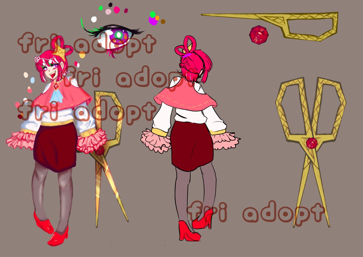 frislasschal's tweet image. first time doing this kind lets go.
adoptable up for grabs, bid on tweet below.
things you will get: refsheet as depicted (without watermark) + transparent version of the front facing sprite + weapon (if requested)