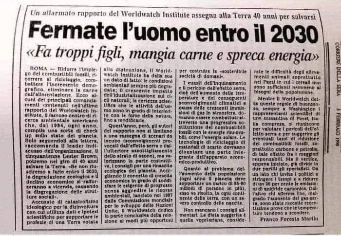 Gitro77's tweet photo. Articolo del Corriere della sera del 5 febbraio 1990. «Fermate l'uomo entro il 2030». L'uomo non lo so, ma con gli italiani ci stanno riuscendo benissimo. https://t.co/Yp2igbLQDv